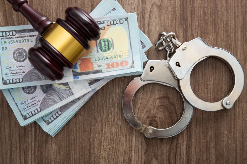 A gavel, stacks of hundred-dollar bills, and handcuffs, symbolizing the role of a bail bondsman in securing release from jail.